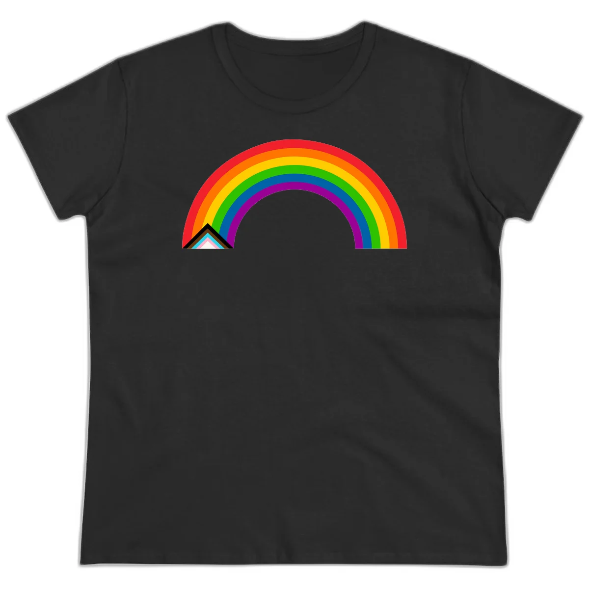 Vibrant rainbow pride arc with concentric color bands and geometric base shapes on gray background in Black