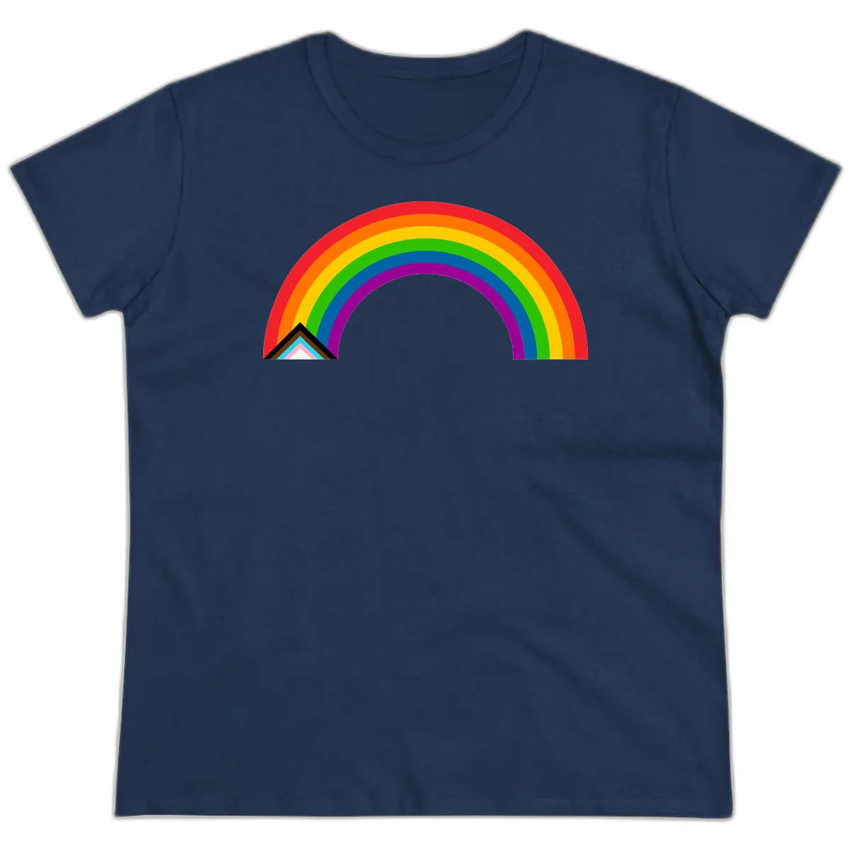 Vibrant rainbow pride arc with concentric color bands and geometric base shapes on gray background in Navy