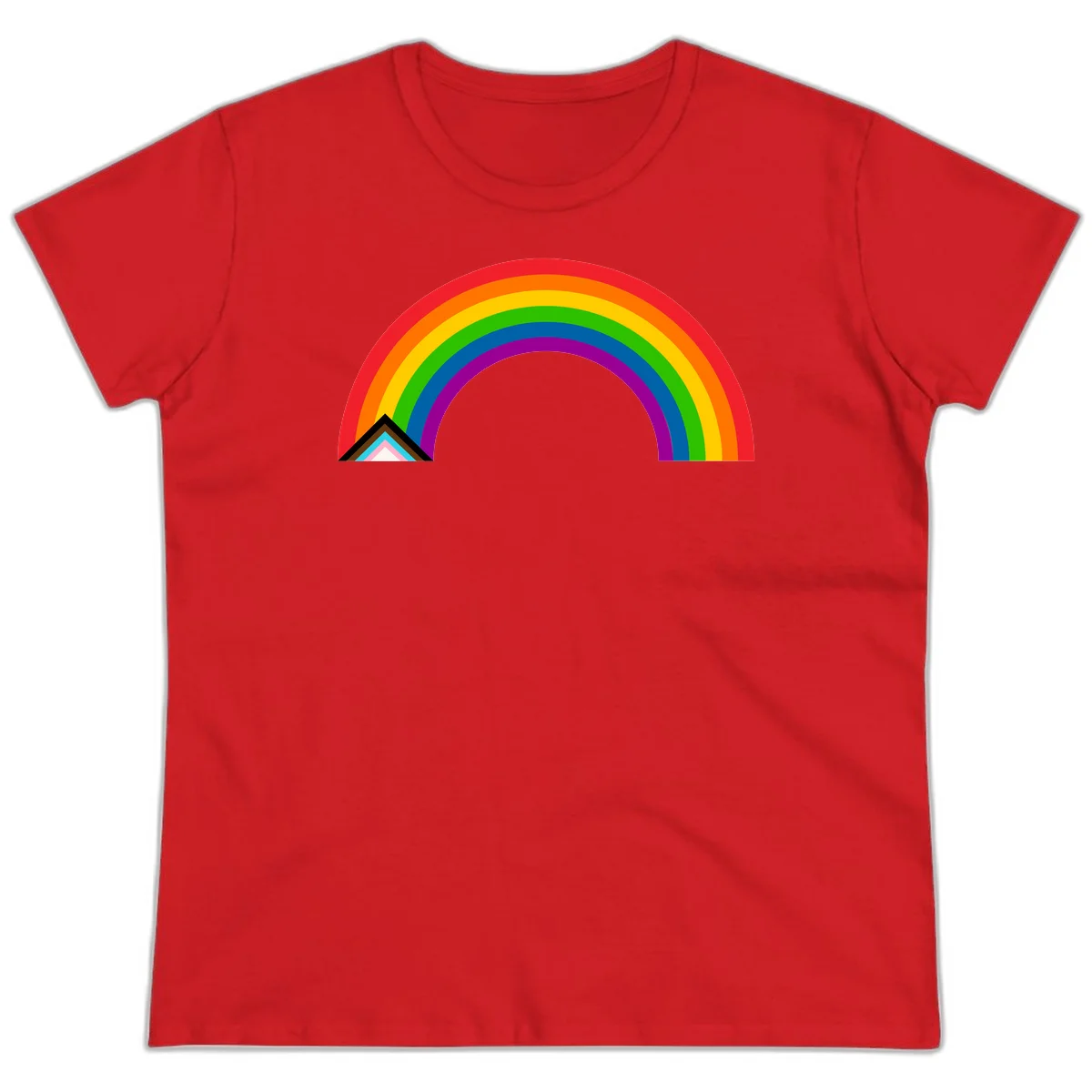 Vibrant rainbow pride arc with concentric color bands and geometric base shapes on gray background in Red