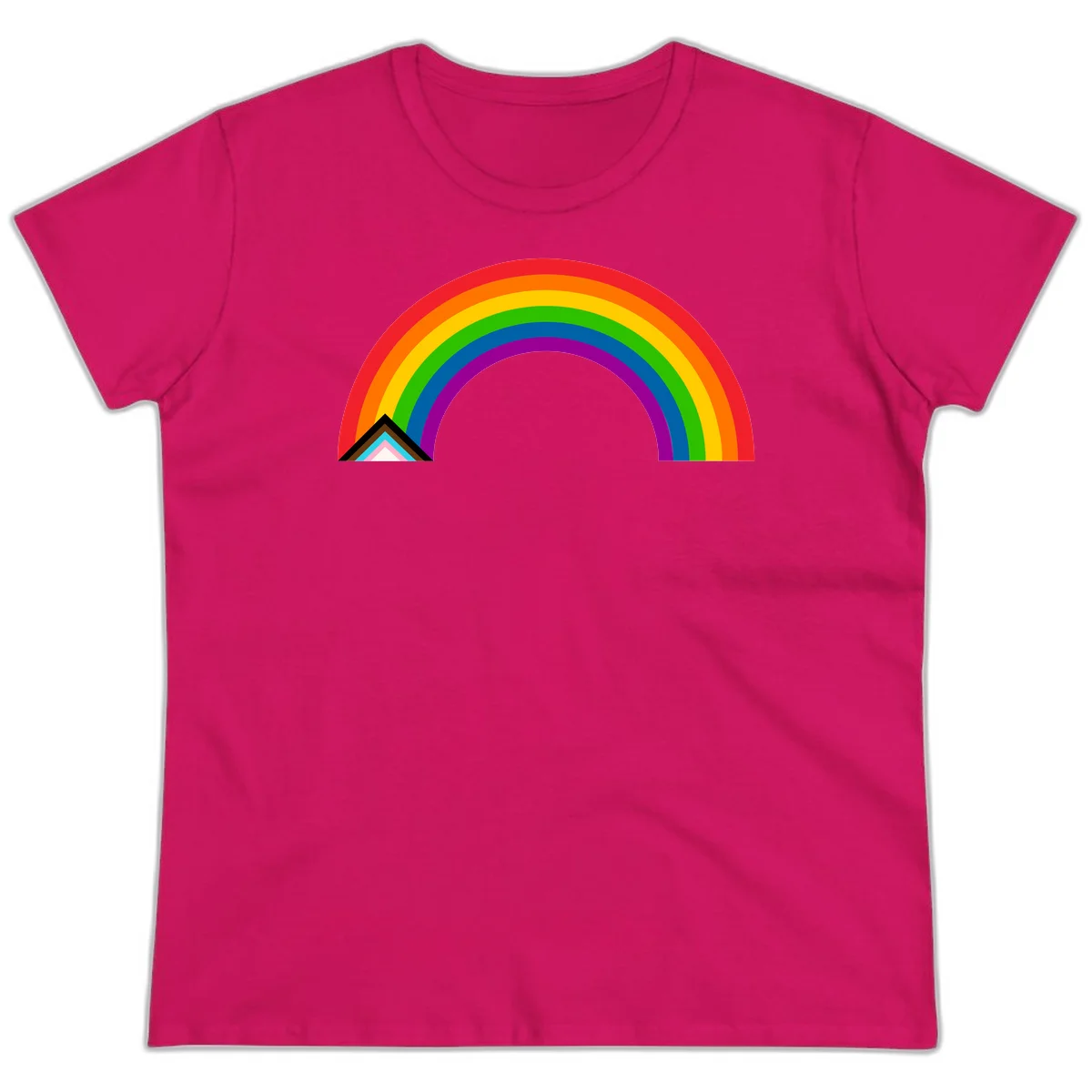 Vibrant rainbow pride arc with concentric color bands and geometric base shapes on gray background in Heliconia