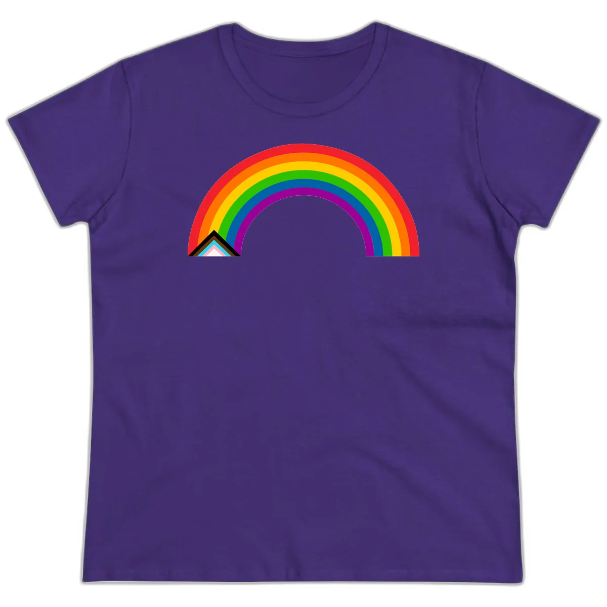 Vibrant rainbow pride arc with concentric color bands and geometric base shapes on gray background in Purple