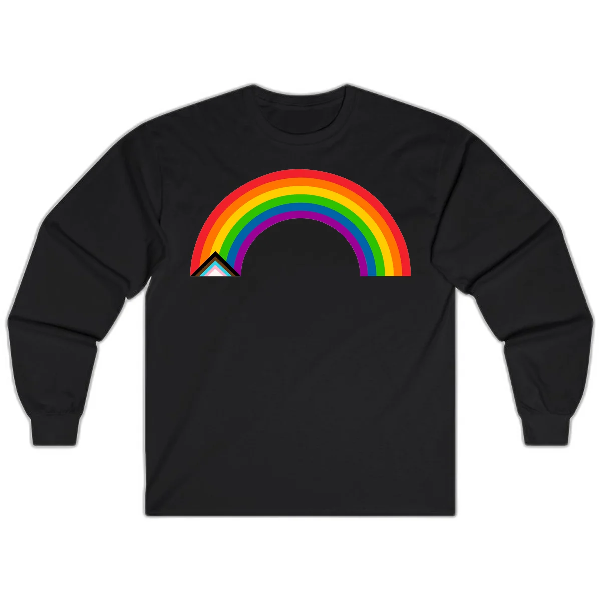 Vibrant rainbow pride arc with concentric color bands and geometric base shapes on gray background in Black