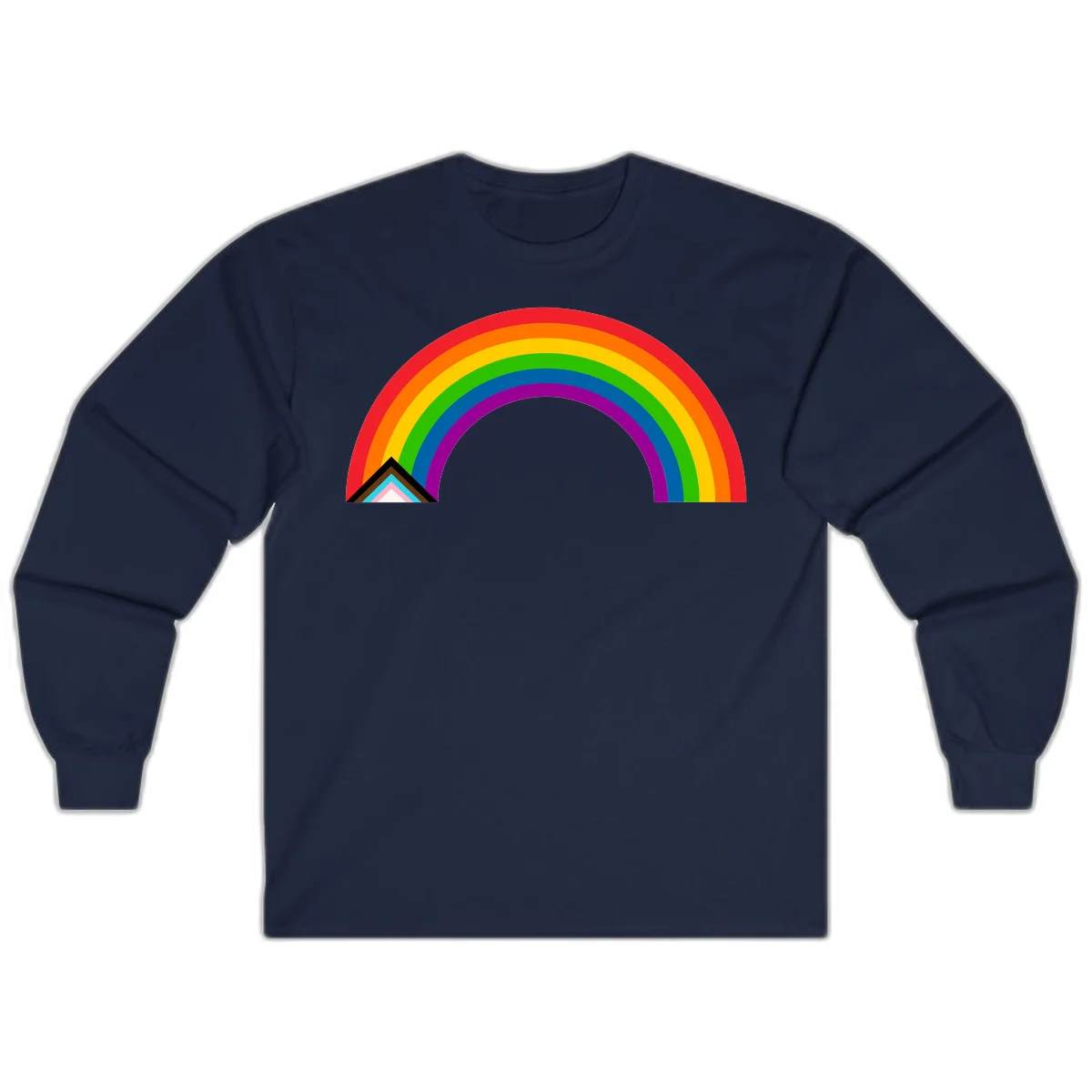 Vibrant rainbow pride arc with concentric color bands and geometric base shapes on gray background in Navy