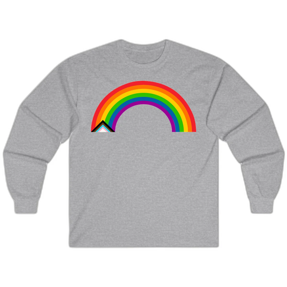 Vibrant rainbow pride arc with concentric color bands and geometric base shapes on gray background in Sport Grey