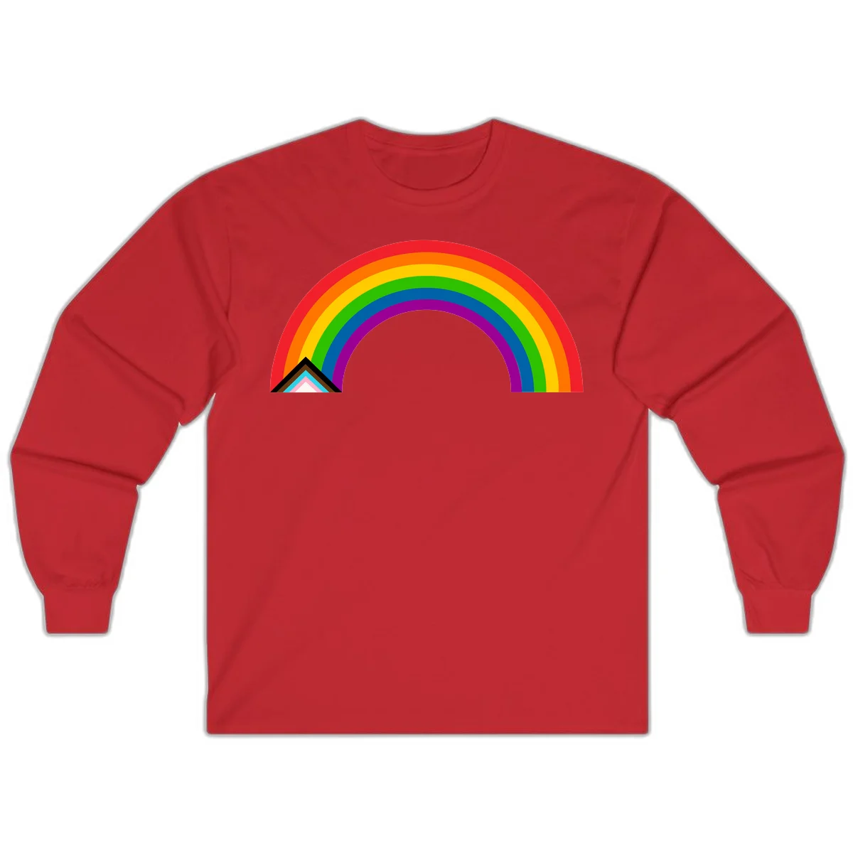 Vibrant rainbow pride arc with concentric color bands and geometric base shapes on gray background in Red