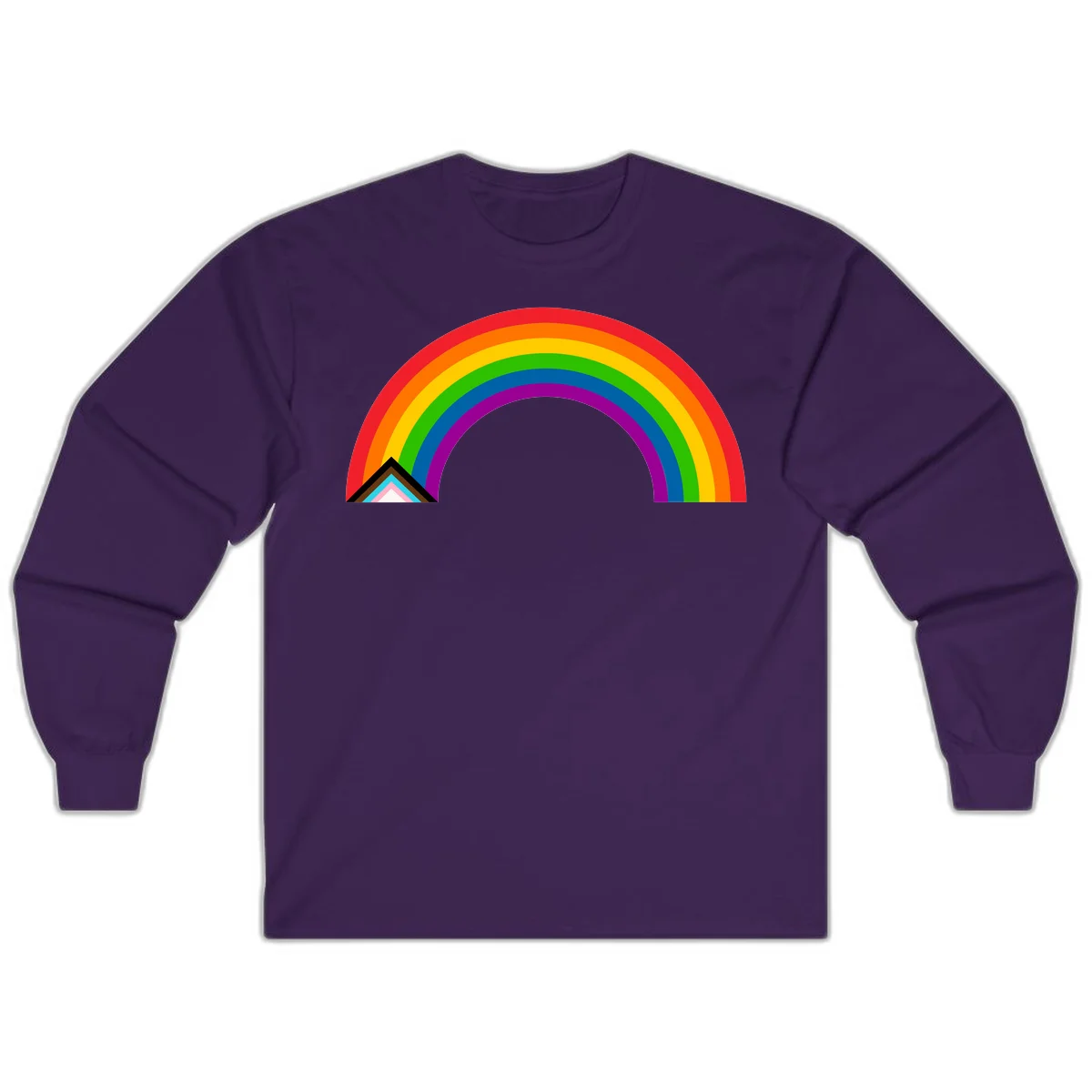 Vibrant rainbow pride arc with concentric color bands and geometric base shapes on gray background in Purple