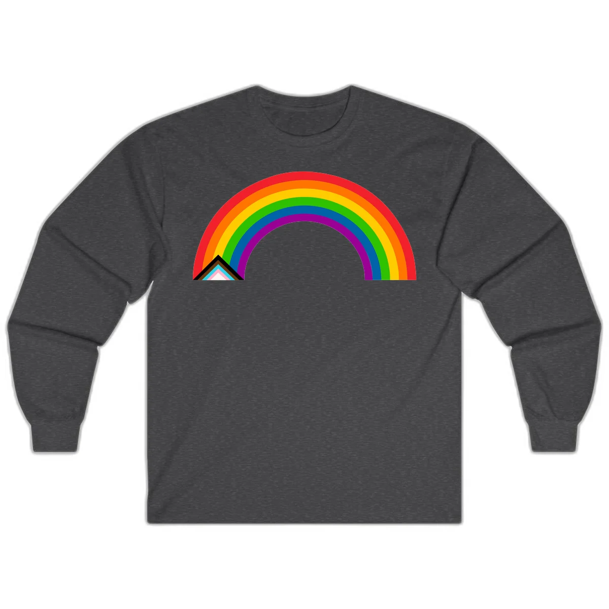Vibrant rainbow pride arc with concentric color bands and geometric base shapes on gray background in Dark Heather