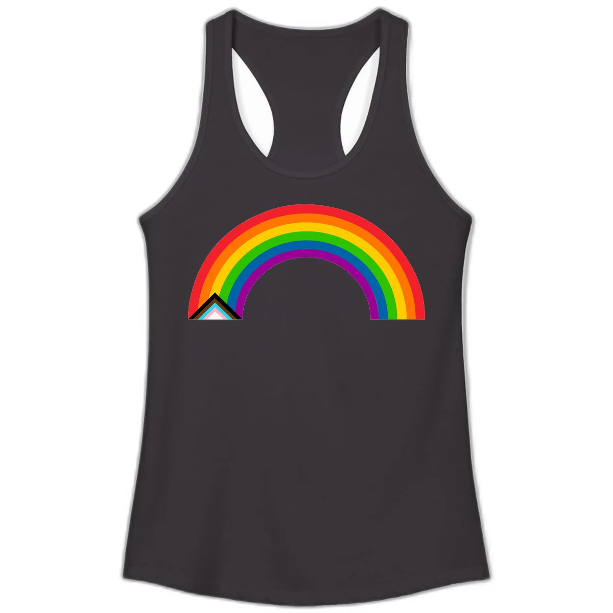 Vibrant rainbow pride arc with concentric color bands and geometric base shapes on gray background in Black