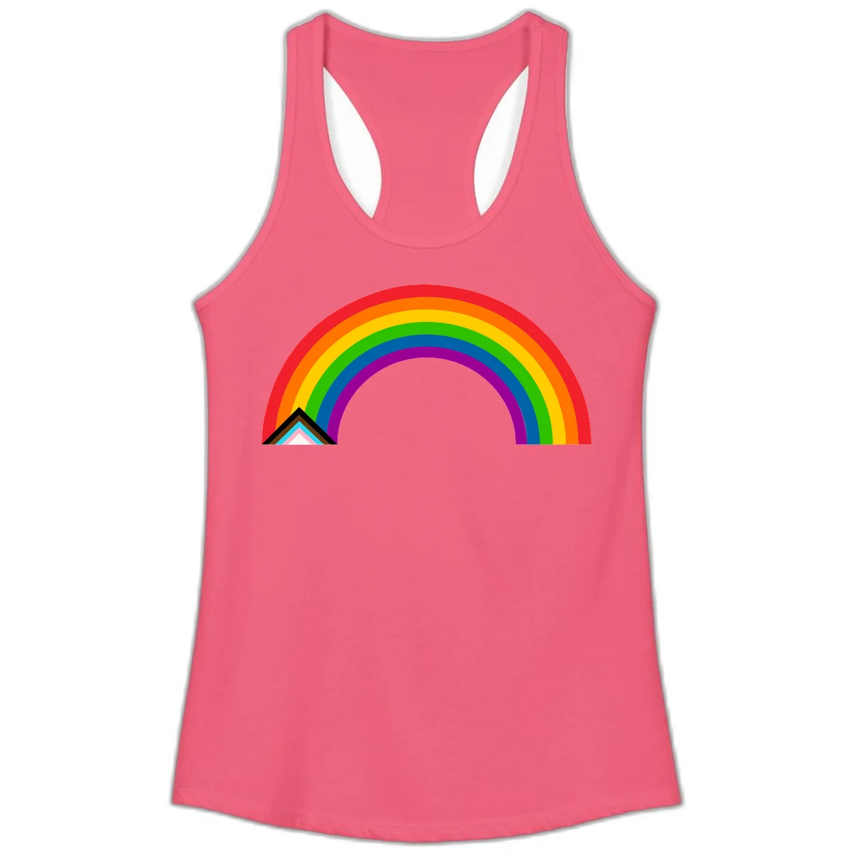 Vibrant rainbow pride arc with concentric color bands and geometric base shapes on gray background in Hot Pink