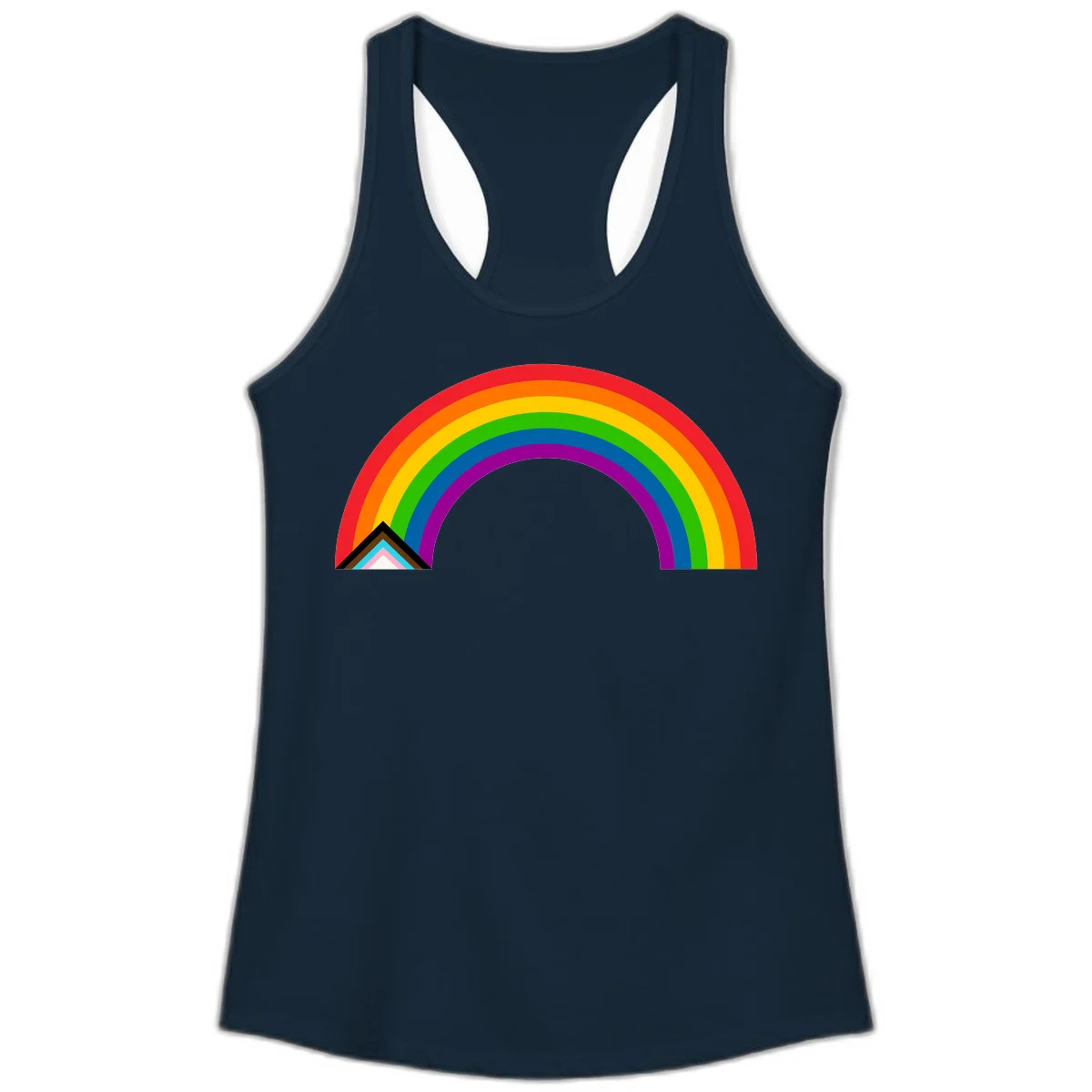 Vibrant rainbow pride arc with concentric color bands and geometric base shapes on gray background in Solid Midnight Navy