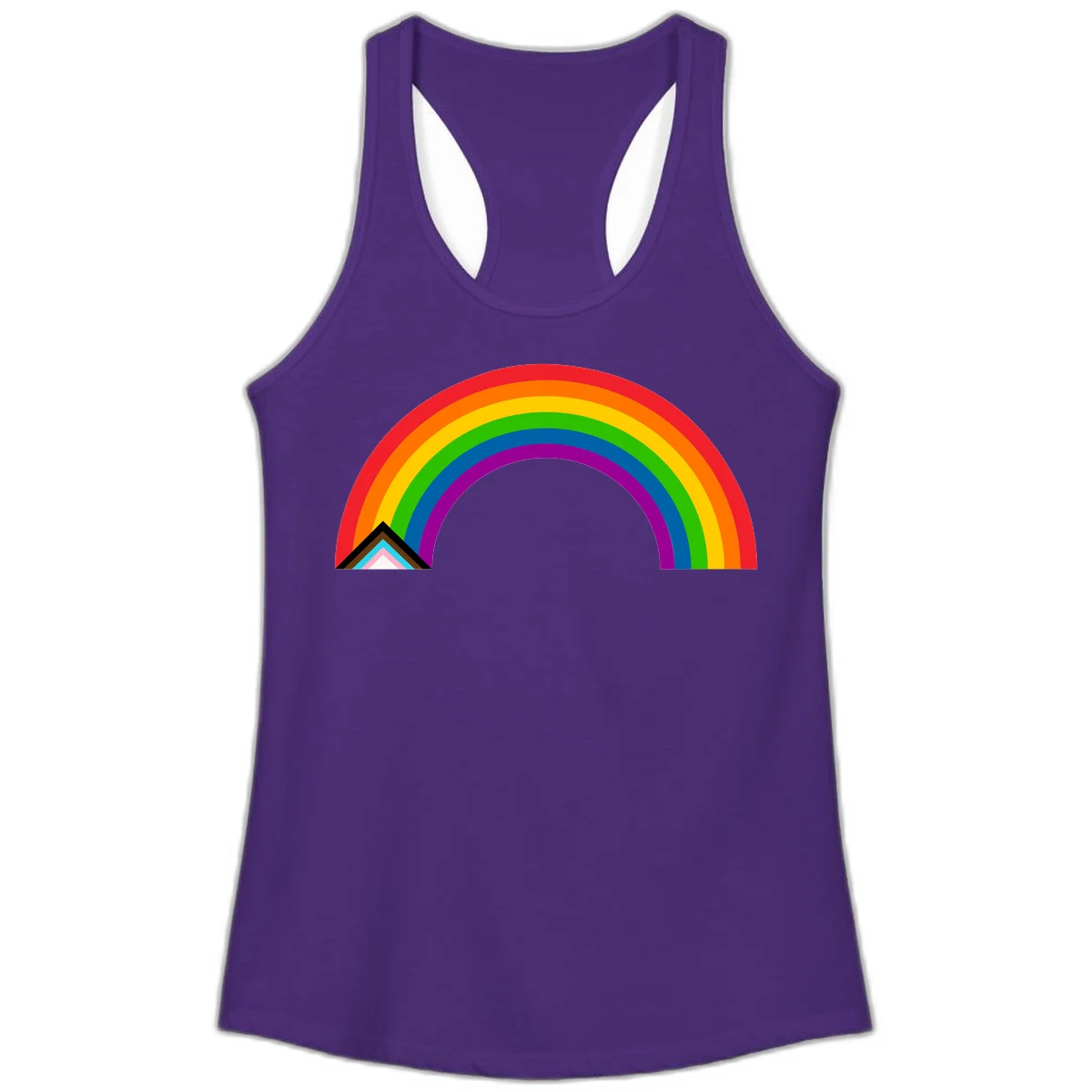 Vibrant rainbow pride arc with concentric color bands and geometric base shapes on gray background in Solid Purple Rush