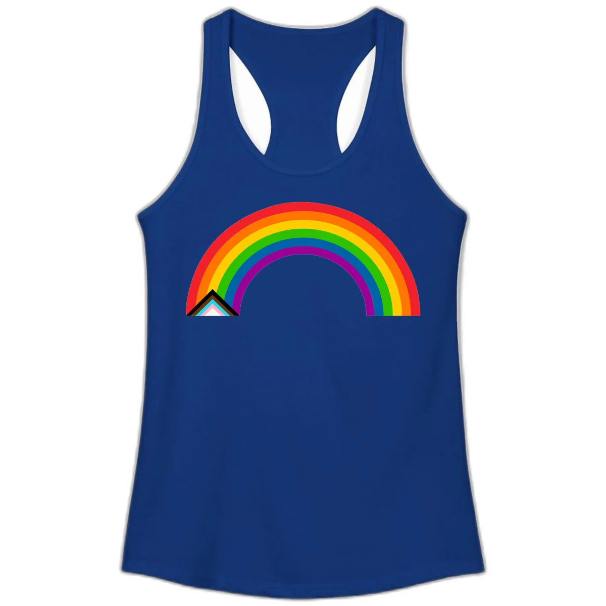 Vibrant rainbow pride arc with concentric color bands and geometric base shapes on gray background in Solid Royal