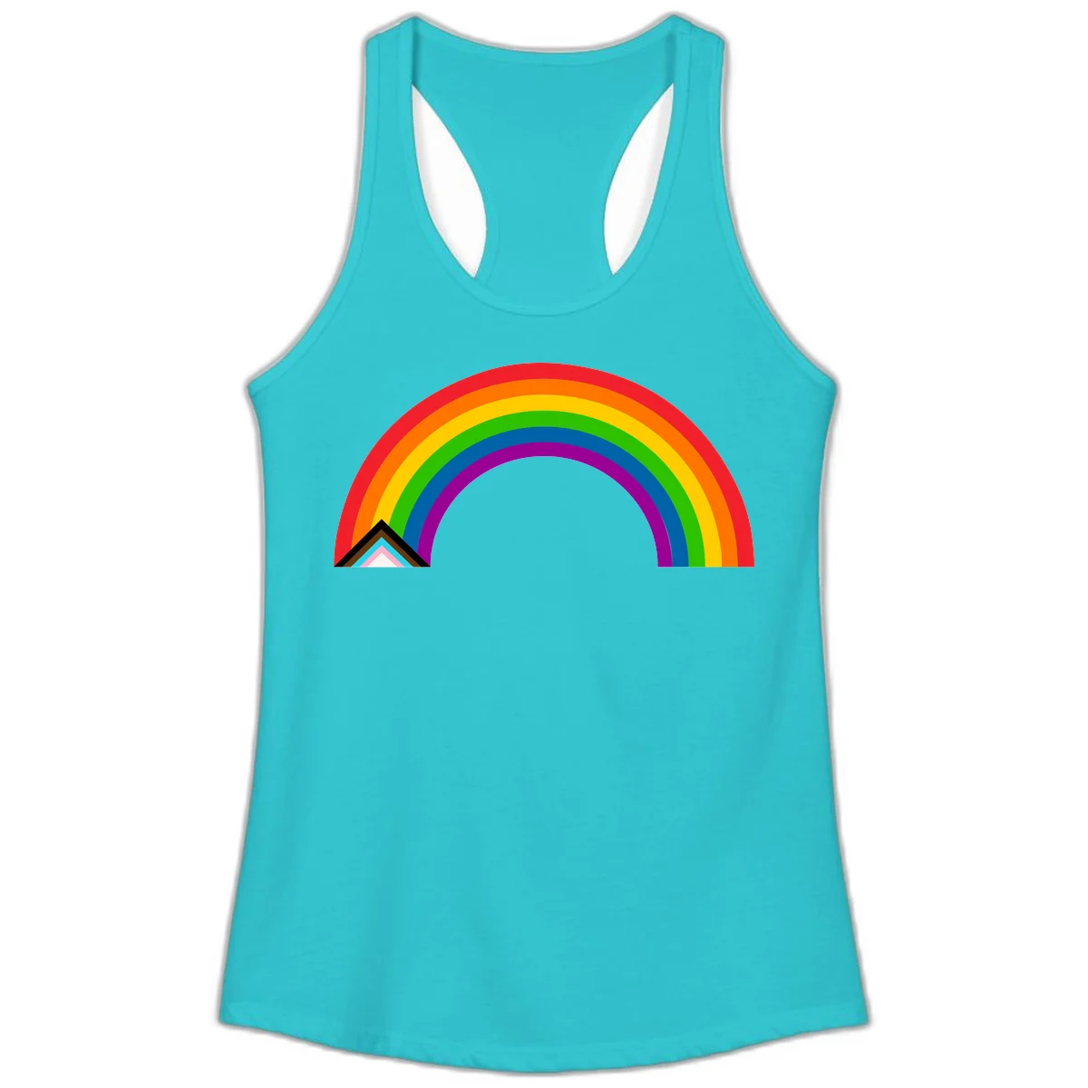 Vibrant rainbow pride arc with concentric color bands and geometric base shapes on gray background in Solid Tahiti Blue