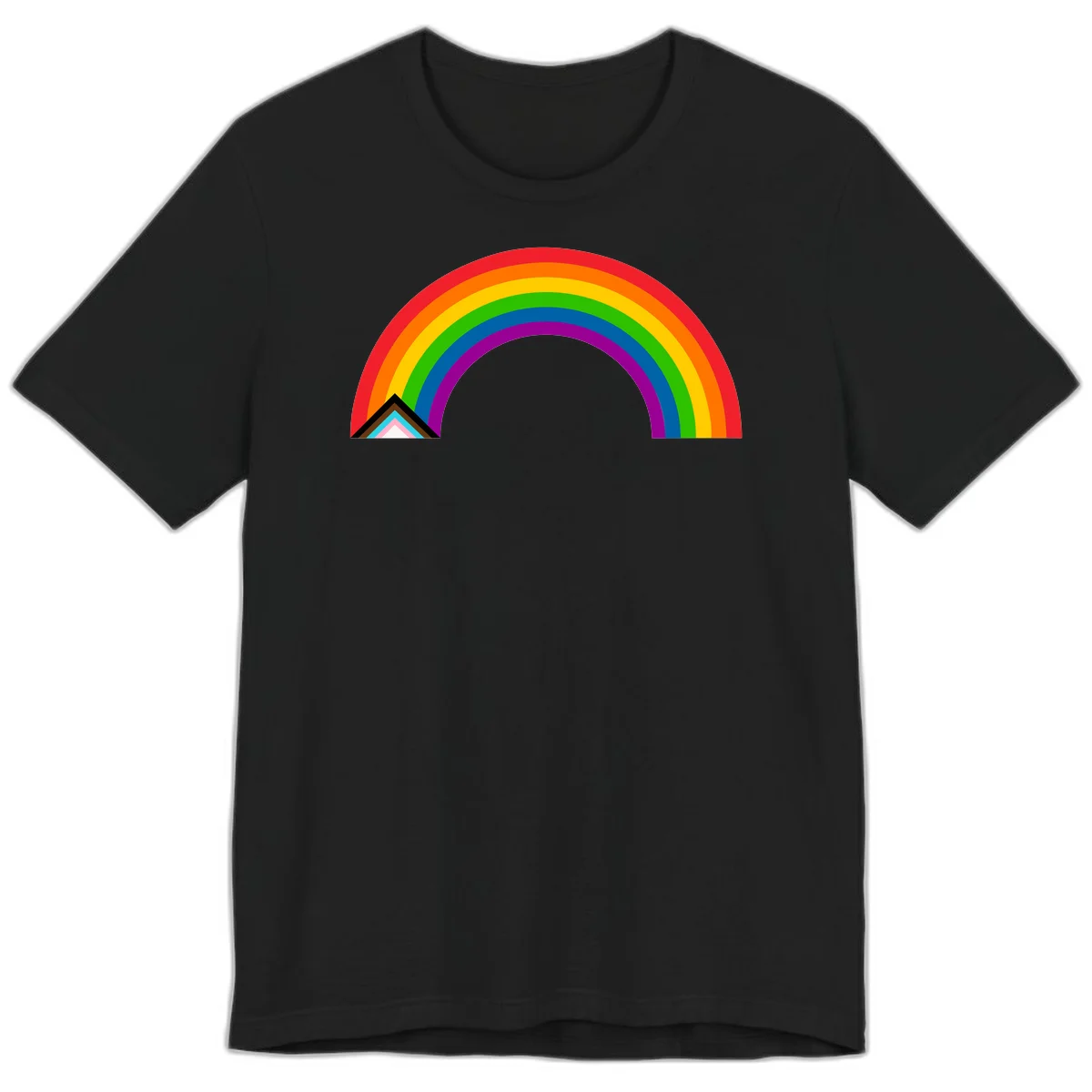 Vibrant rainbow pride arc with concentric color bands and geometric base shapes on gray background in Black