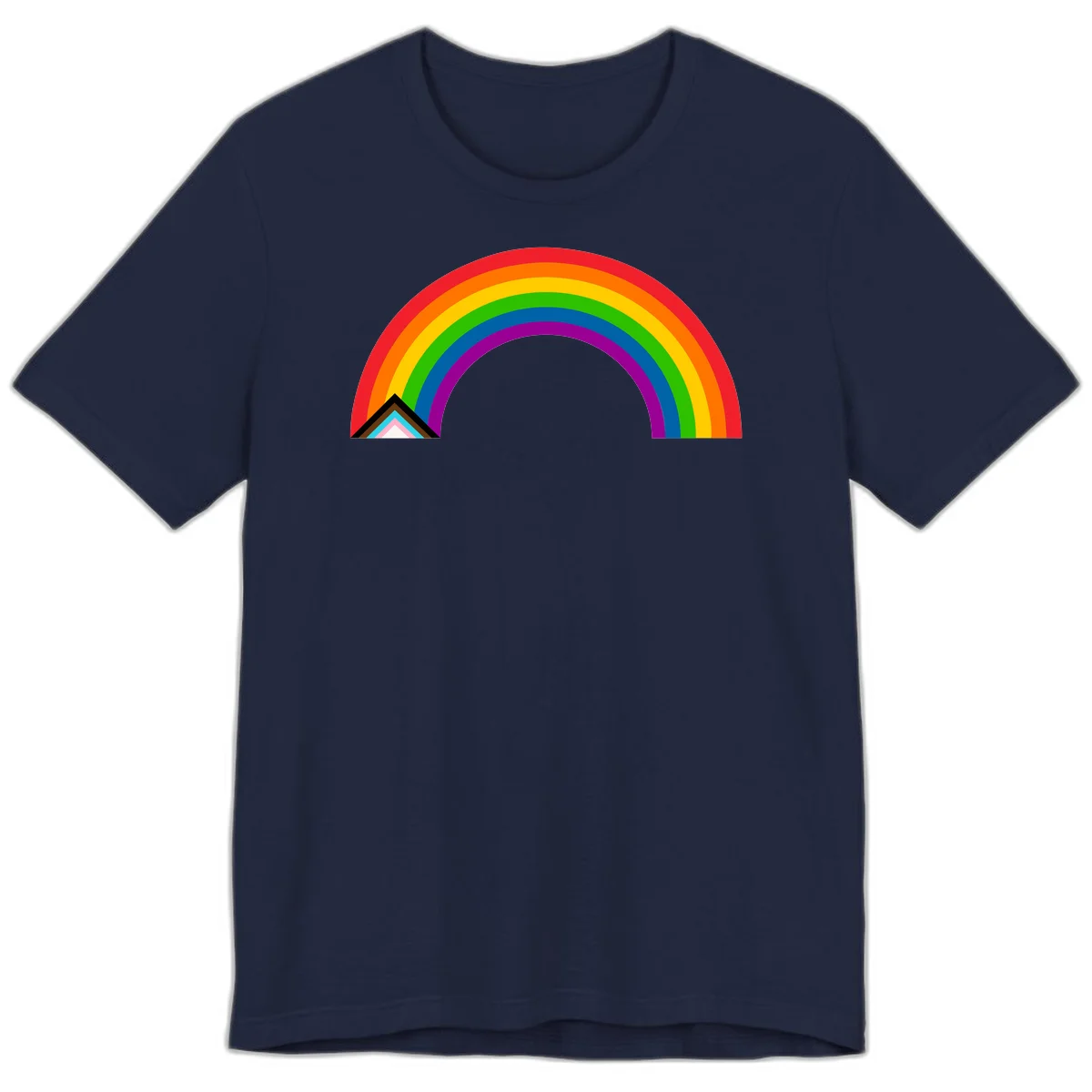 Vibrant rainbow pride arc with concentric color bands and geometric base shapes on gray background in Navy