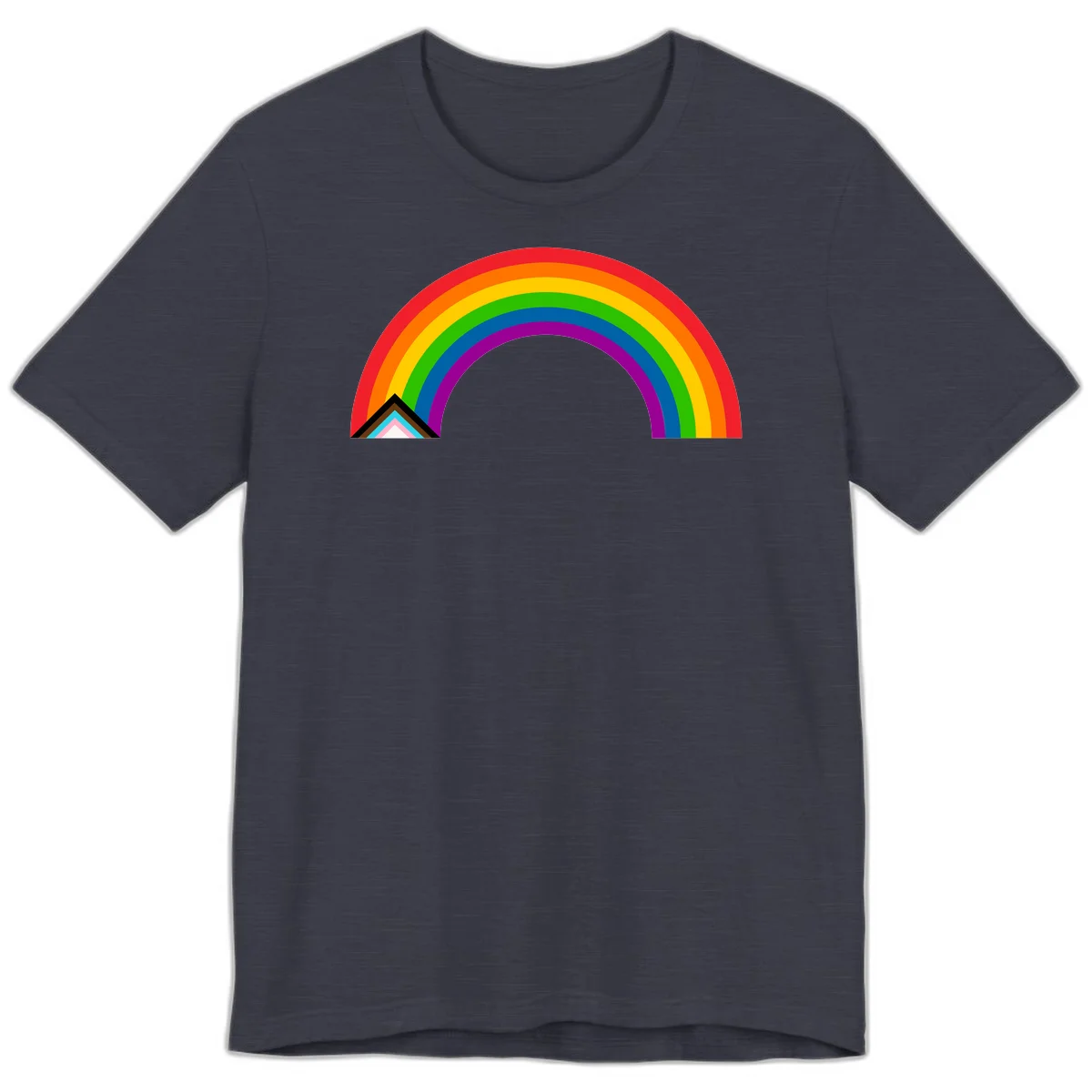Vibrant rainbow pride arc with concentric color bands and geometric base shapes on gray background in Heather Midnight Navy
