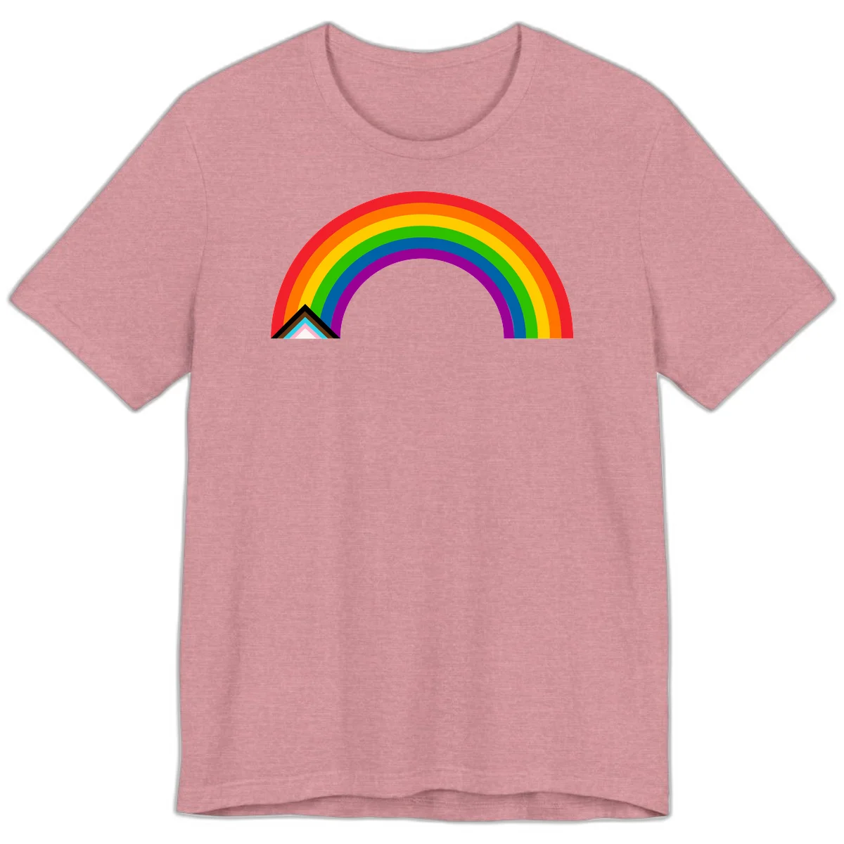 Vibrant rainbow pride arc with concentric color bands and geometric base shapes on gray background in Heather Orchid