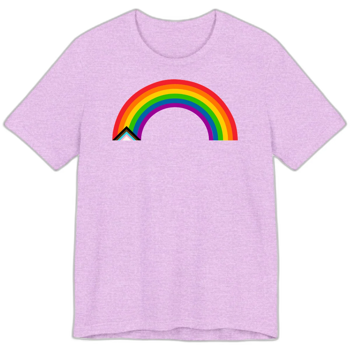 Vibrant rainbow pride arc with concentric color bands and geometric base shapes on gray background in Heather Prism Lilac