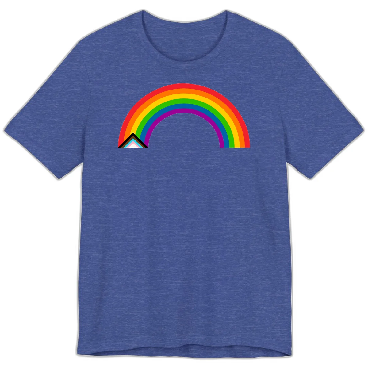 Vibrant rainbow pride arc with concentric color bands and geometric base shapes on gray background in Heather True Royal