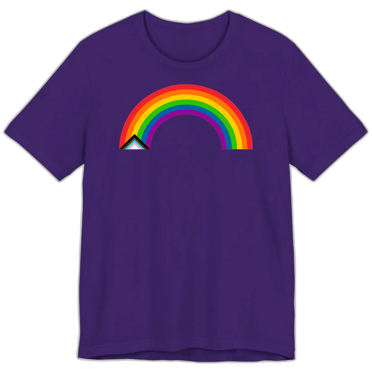 Vibrant rainbow pride arc with concentric color bands and geometric base shapes on gray background in Team Purple