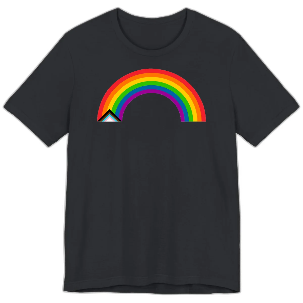 Vibrant rainbow pride arc with concentric color bands and geometric base shapes on gray background in Vintage Black