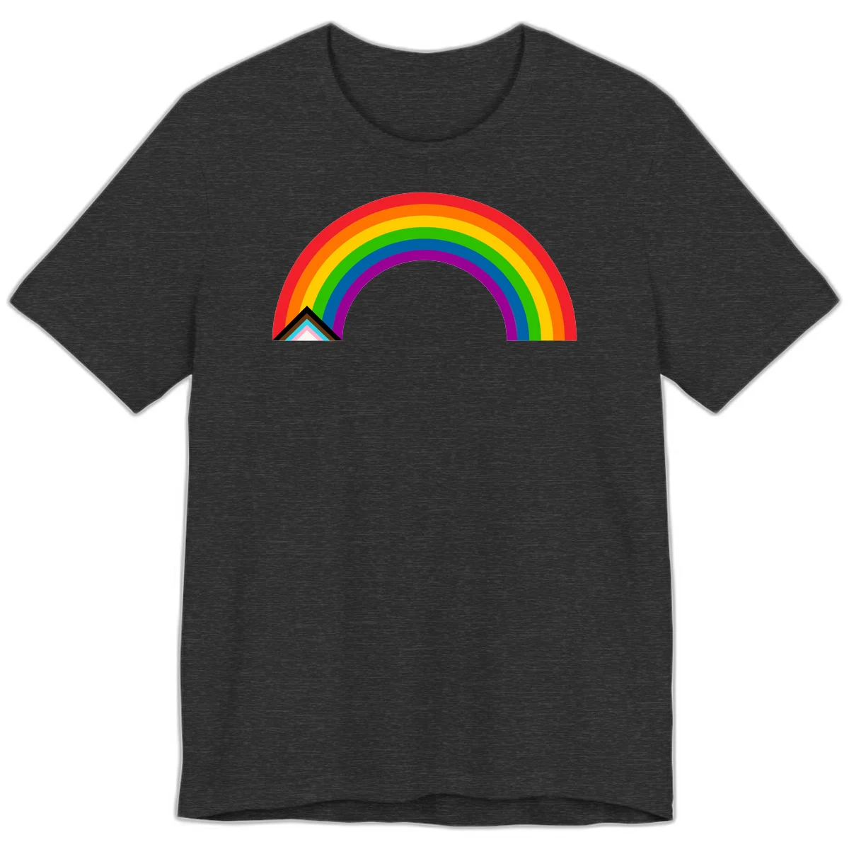 Vibrant rainbow pride arc with concentric color bands and geometric base shapes on gray background in Dark Grey Heather