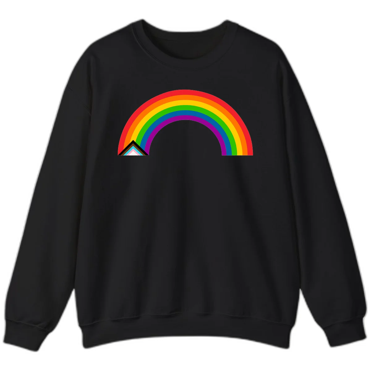 Vibrant rainbow pride arc with concentric color bands and geometric base shapes on gray background in Black