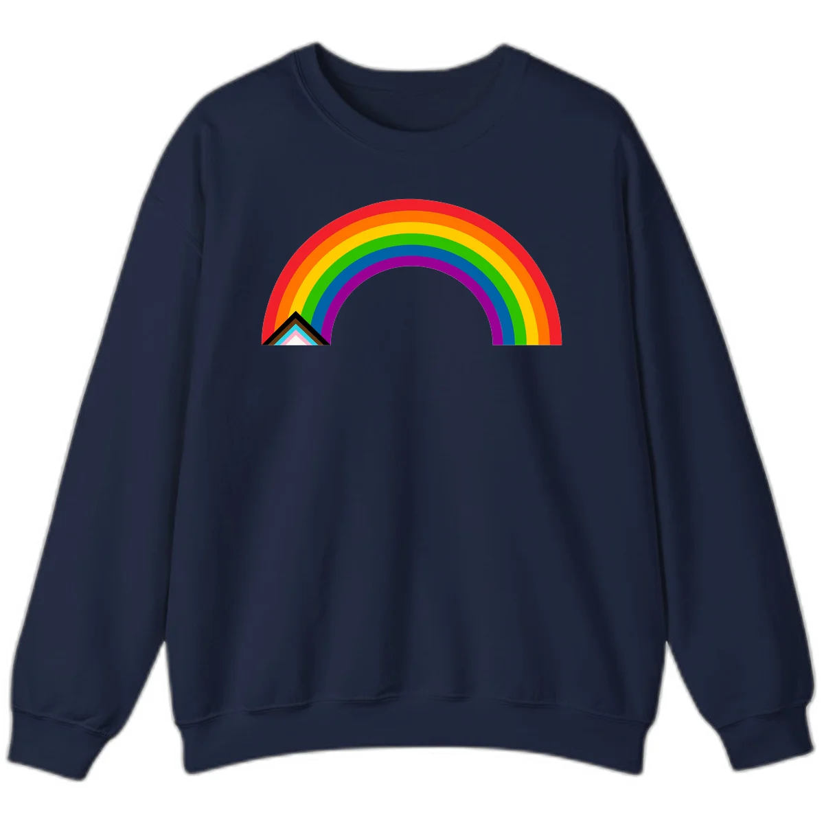 Vibrant rainbow pride arc with concentric color bands and geometric base shapes on gray background in Navy