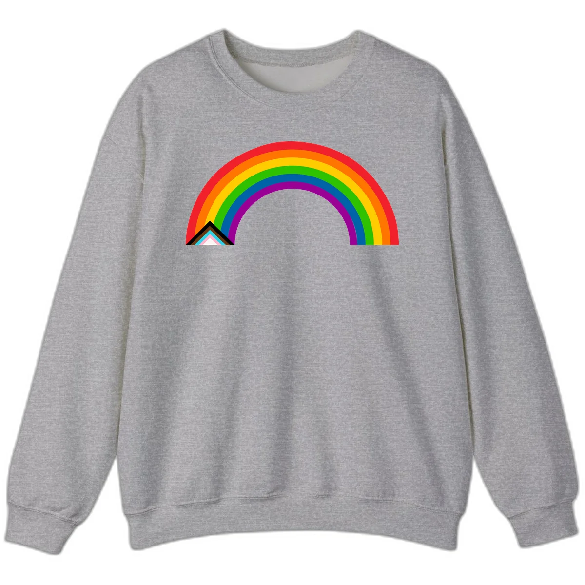 Vibrant rainbow pride arc with concentric color bands and geometric base shapes on gray background in Sport Grey