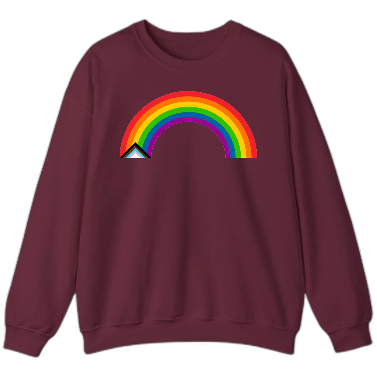 Vibrant rainbow pride arc with concentric color bands and geometric base shapes on gray background in Maroon