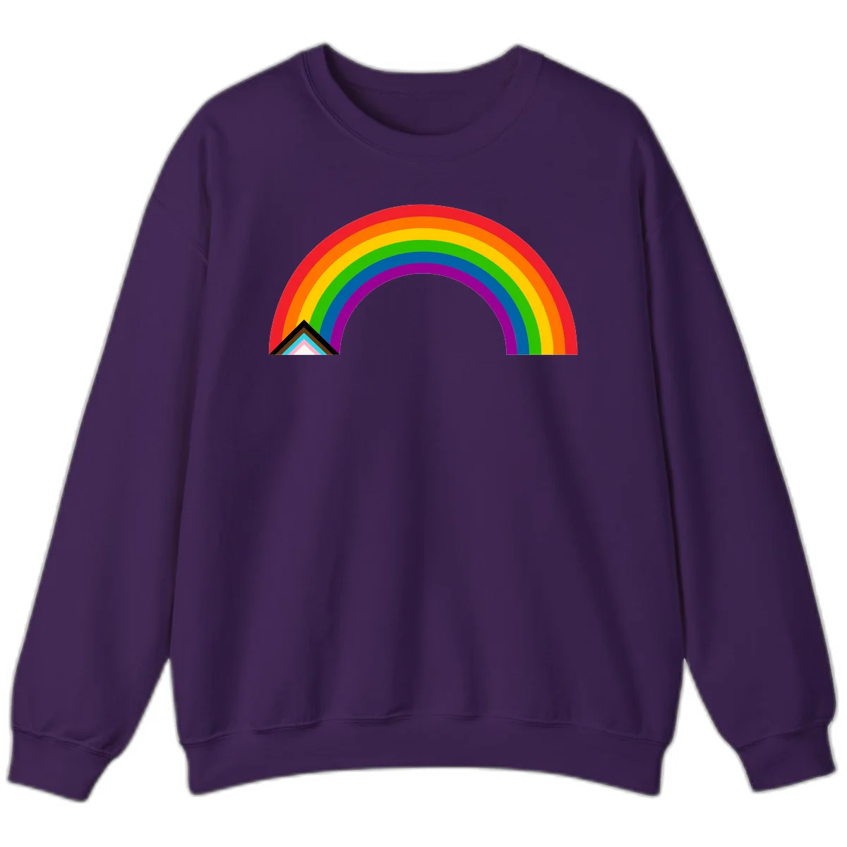 Vibrant rainbow pride arc with concentric color bands and geometric base shapes on gray background in Purple