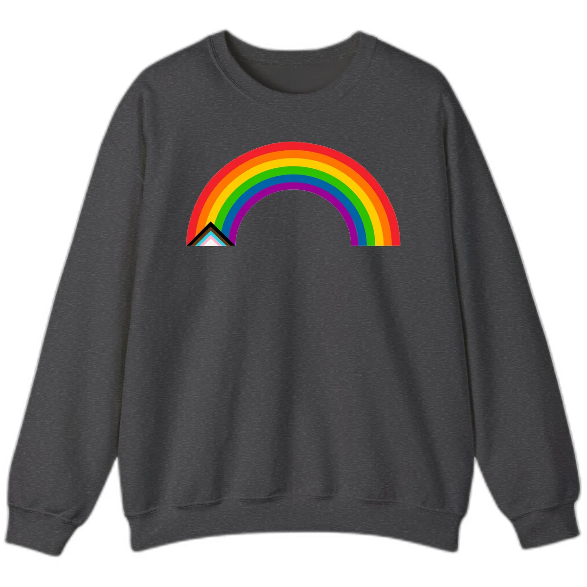 Vibrant rainbow pride arc with concentric color bands and geometric base shapes on gray background in Dark Heather