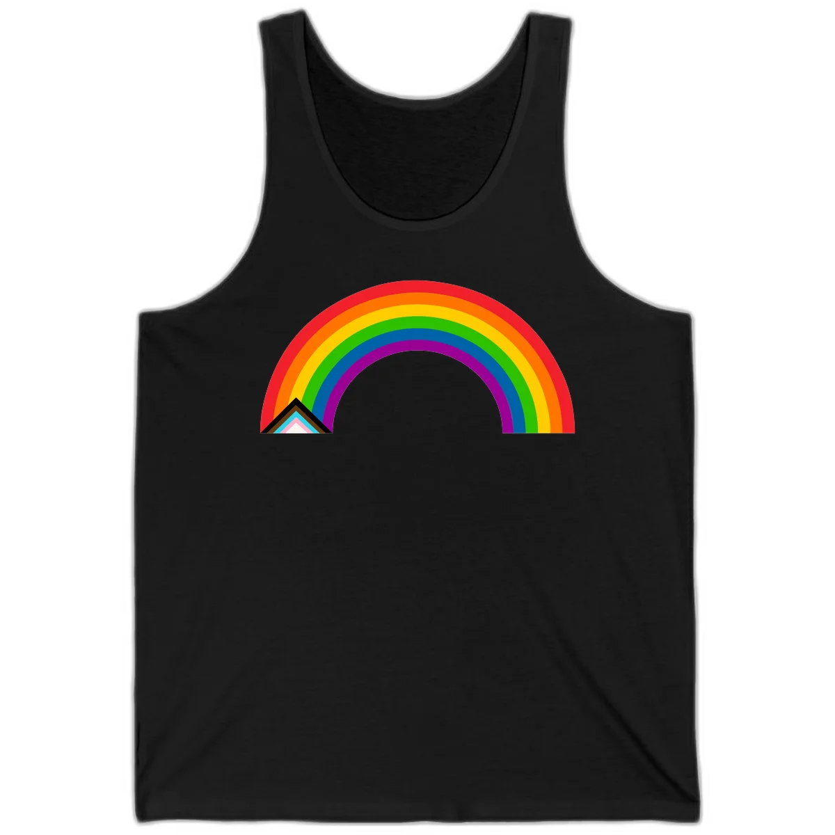 Vibrant rainbow pride arc with concentric color bands and geometric base shapes on gray background in Black