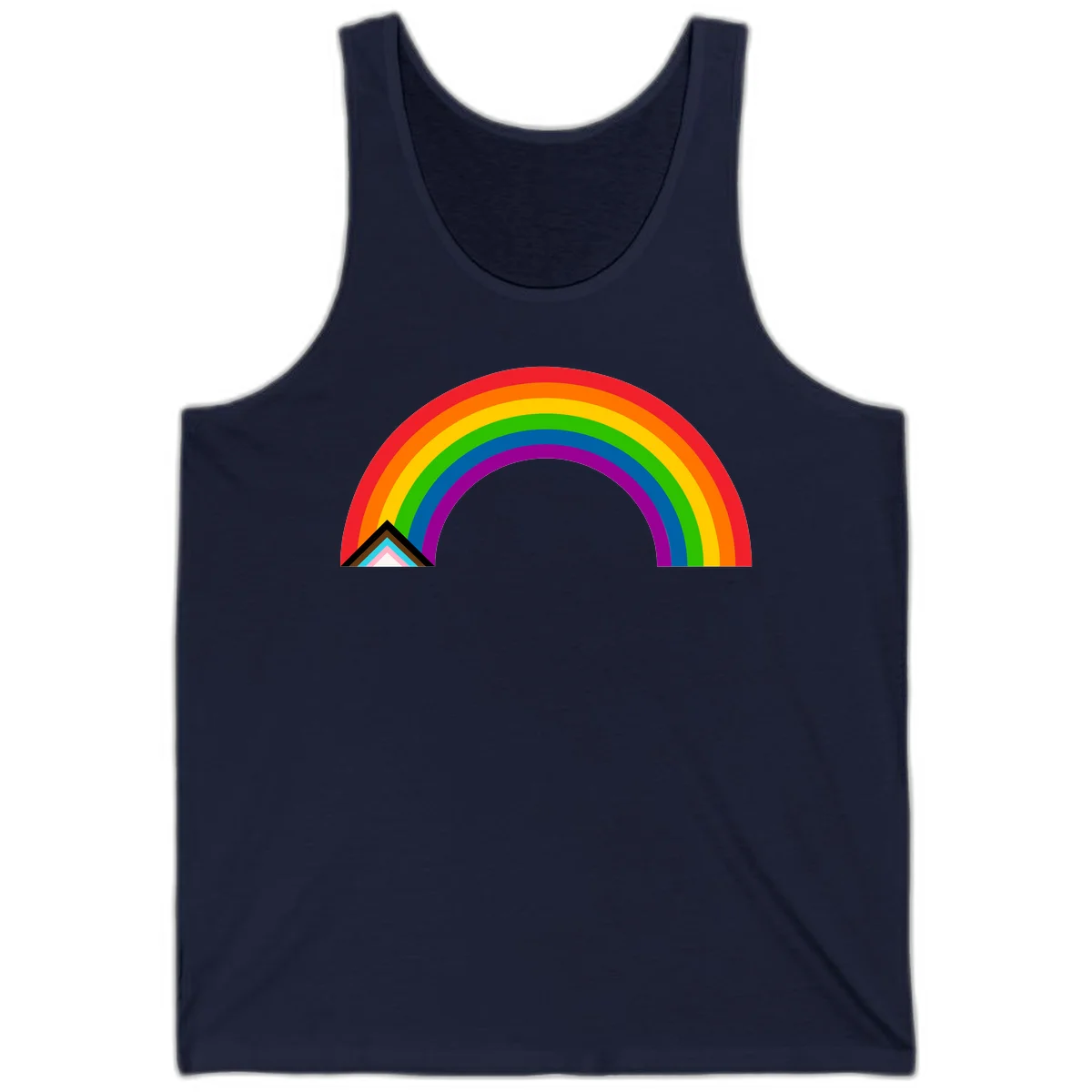 Vibrant rainbow pride arc with concentric color bands and geometric base shapes on gray background in Navy