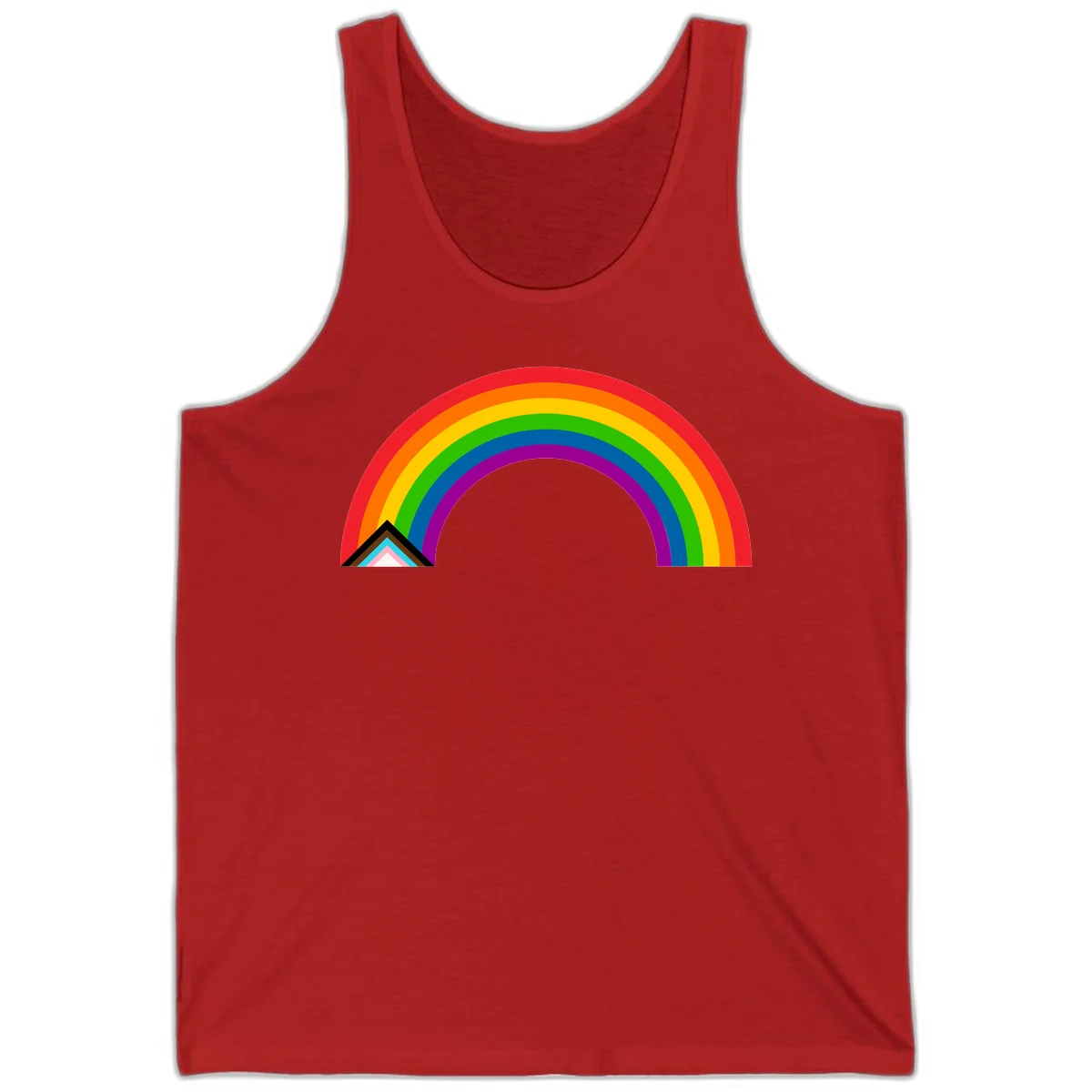 Vibrant rainbow pride arc with concentric color bands and geometric base shapes on gray background in Red