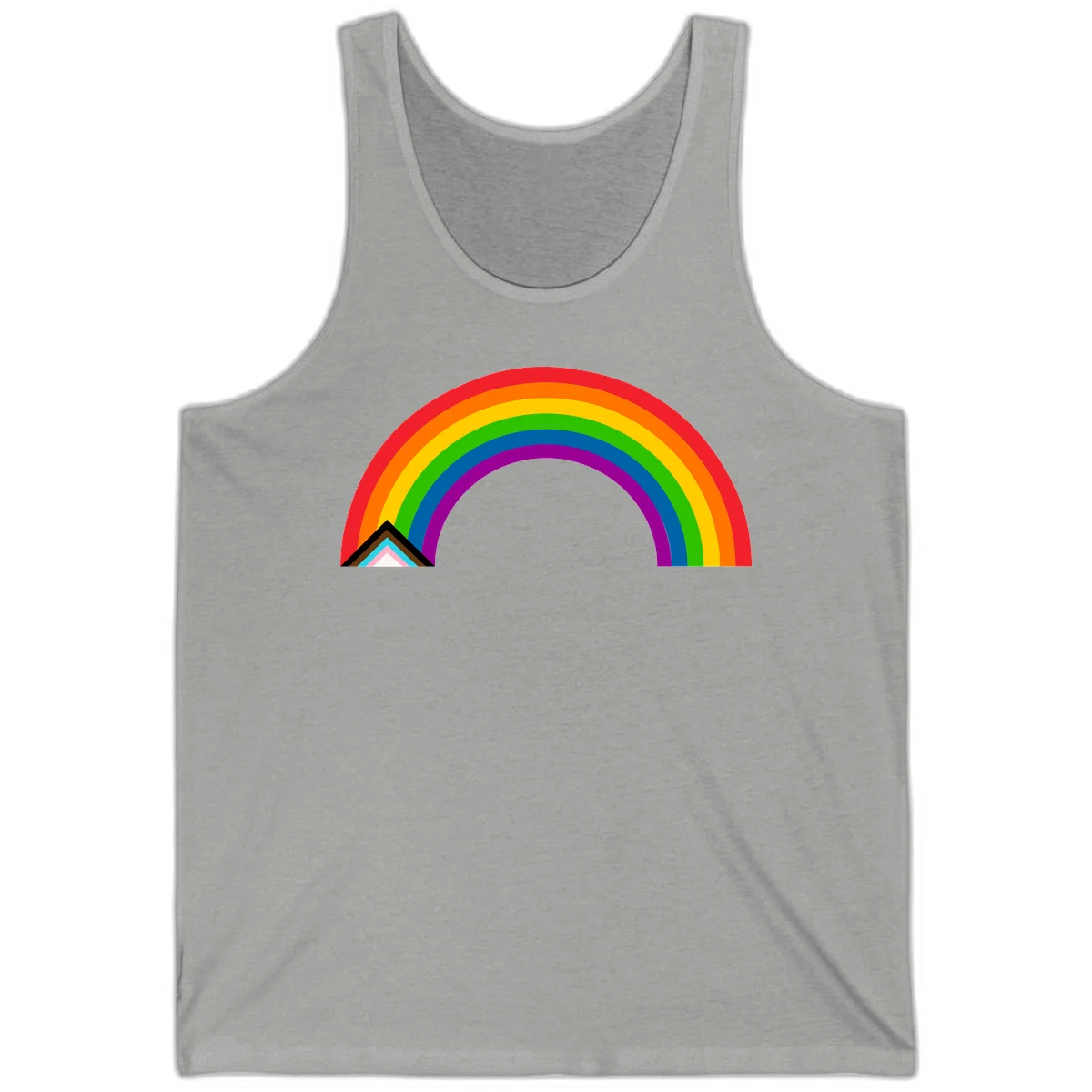 Vibrant rainbow pride arc with concentric color bands and geometric base shapes on gray background in Athletic Heather