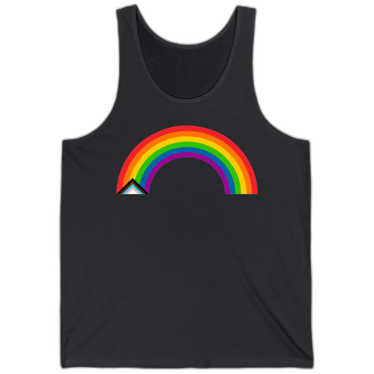 Vibrant rainbow pride arc with concentric color bands and geometric base shapes on gray background in Dark Grey