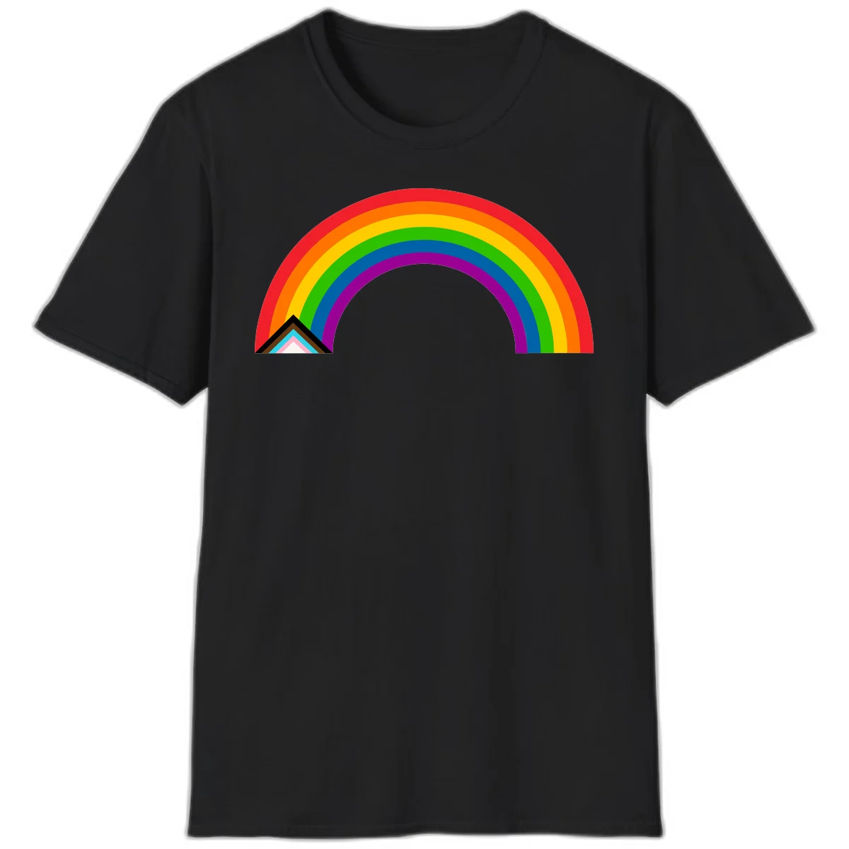 Vibrant rainbow pride arc with concentric color bands and geometric base shapes on gray background in Black