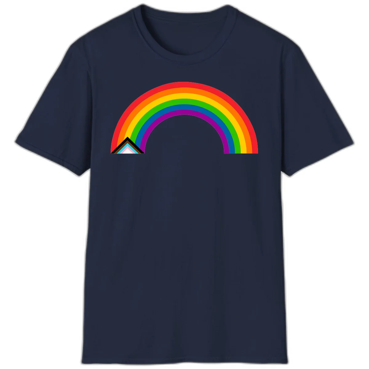 Vibrant rainbow pride arc with concentric color bands and geometric base shapes on gray background in Navy