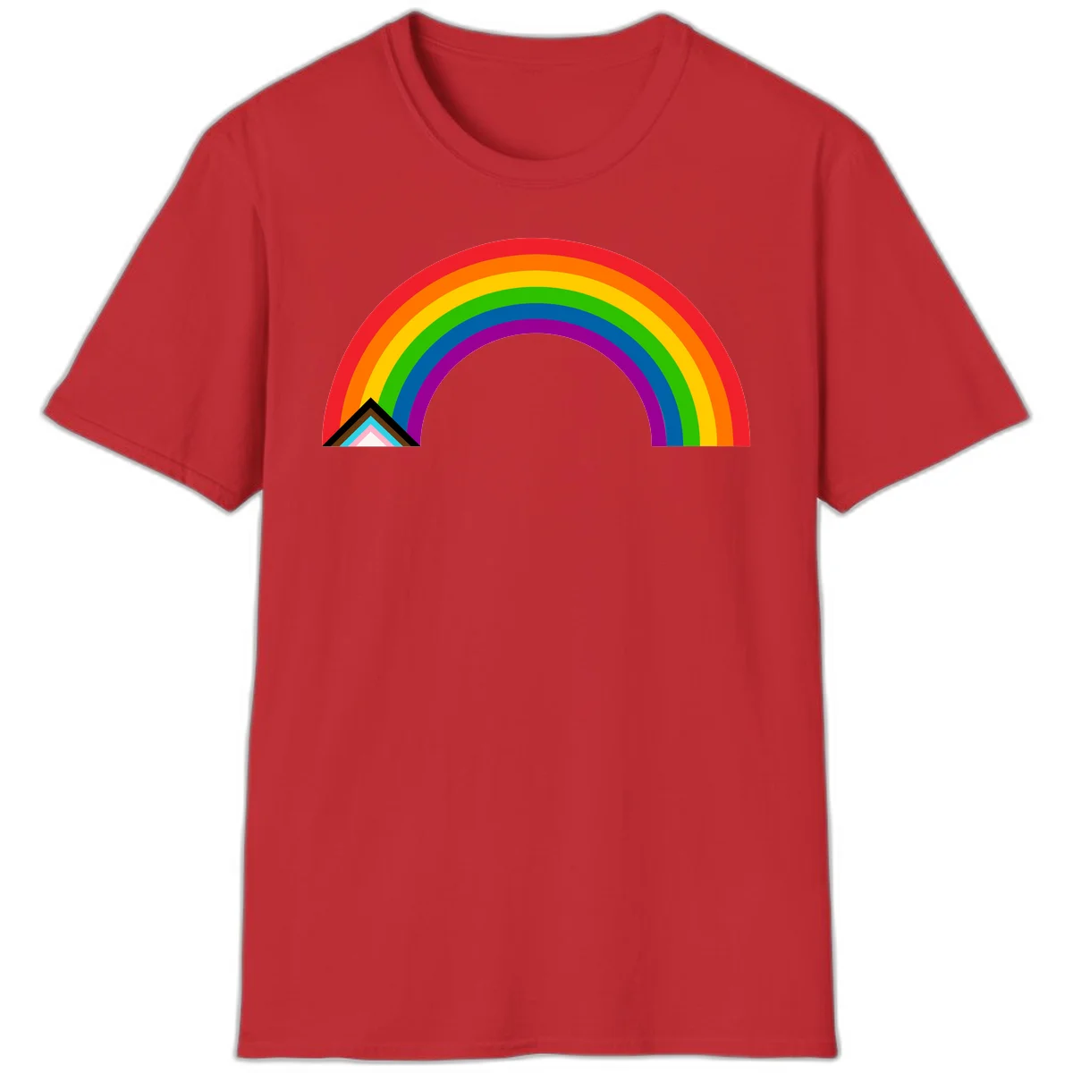 Vibrant rainbow pride arc with concentric color bands and geometric base shapes on gray background in Red