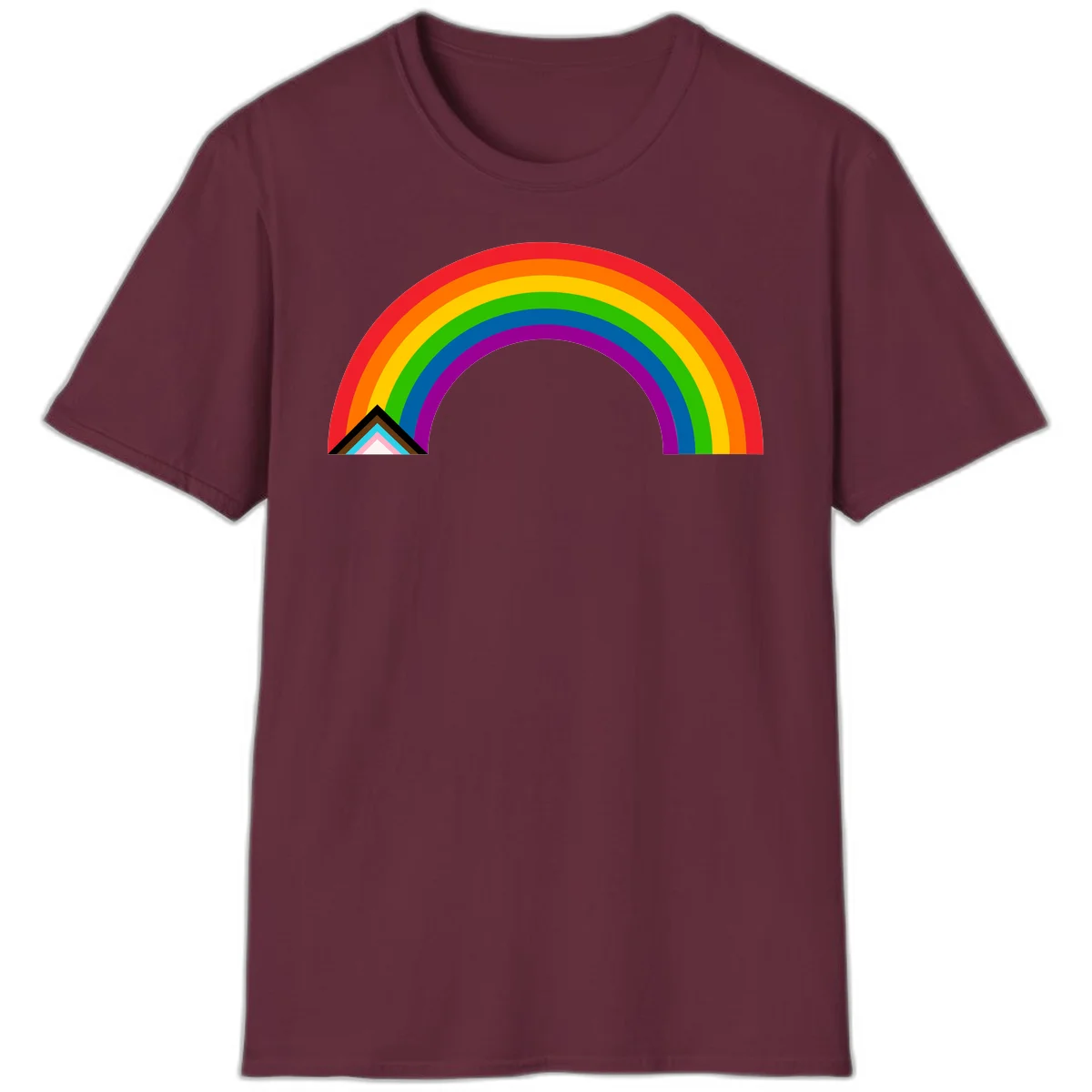 Vibrant rainbow pride arc with concentric color bands and geometric base shapes on gray background in Maroon