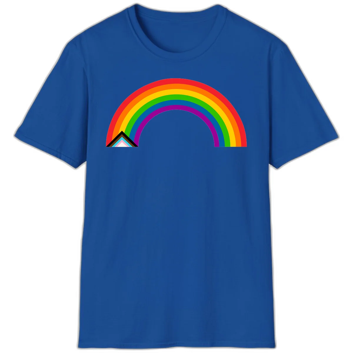 Vibrant rainbow pride arc with concentric color bands and geometric base shapes on gray background in Royal
