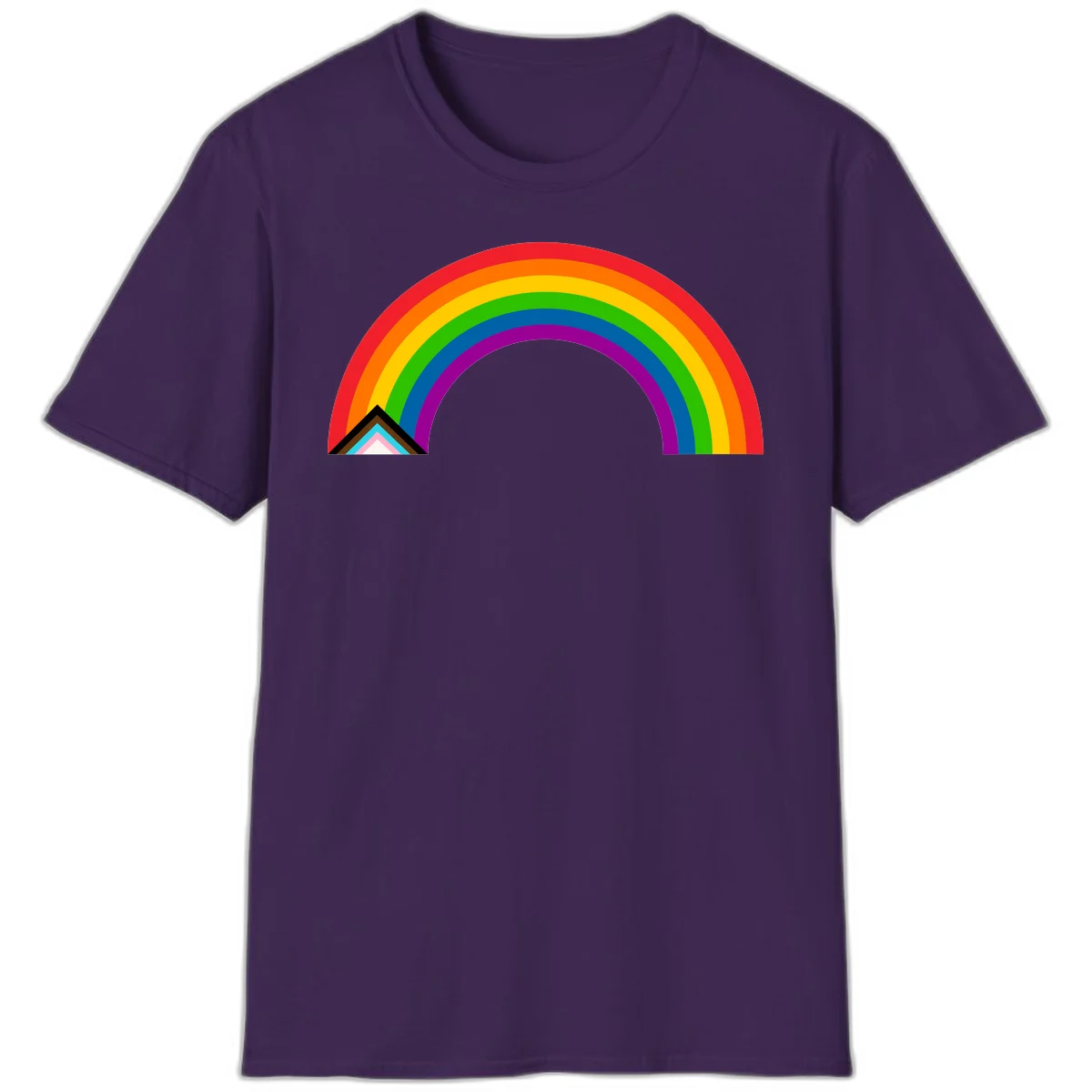 Vibrant rainbow pride arc with concentric color bands and geometric base shapes on gray background in Purple