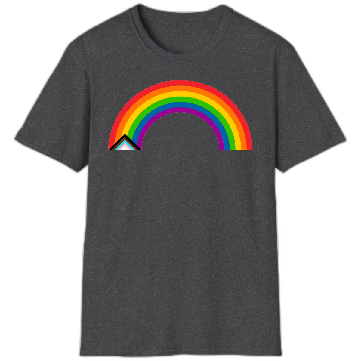 Vibrant rainbow pride arc with concentric color bands and geometric base shapes on gray background in Dark Heather