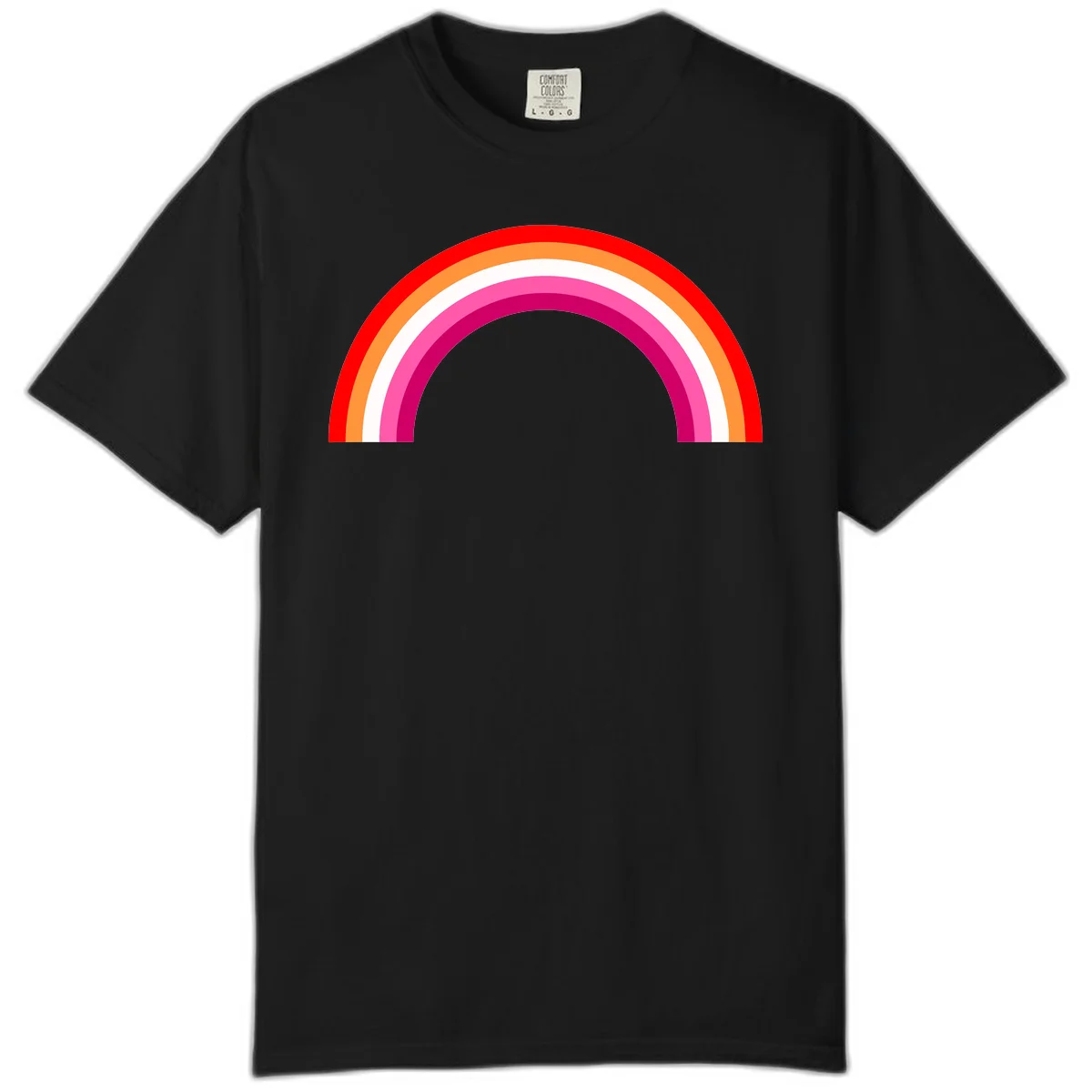 Colorful rainbow pride arc with concentric bands in red, orange, white, pink, and magenta against gray background in Black
