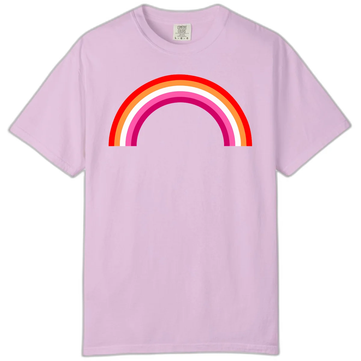Colorful rainbow pride arc with concentric bands in red, orange, white, pink, and magenta against gray background in Orchid