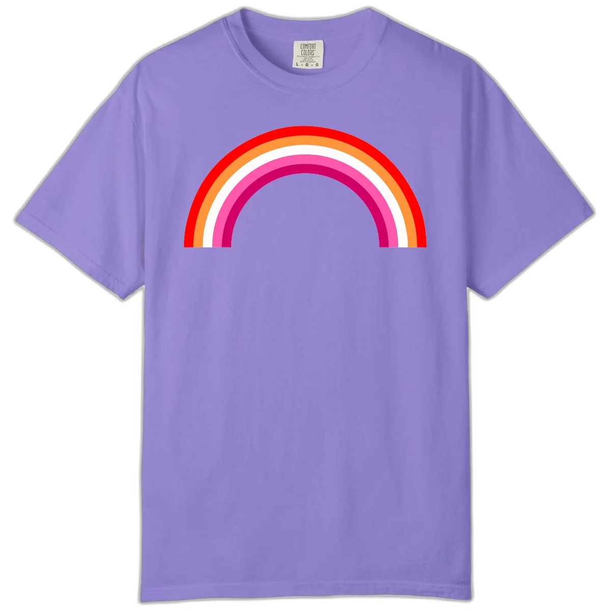 Colorful rainbow pride arc with concentric bands in red, orange, white, pink, and magenta against gray background in Violet