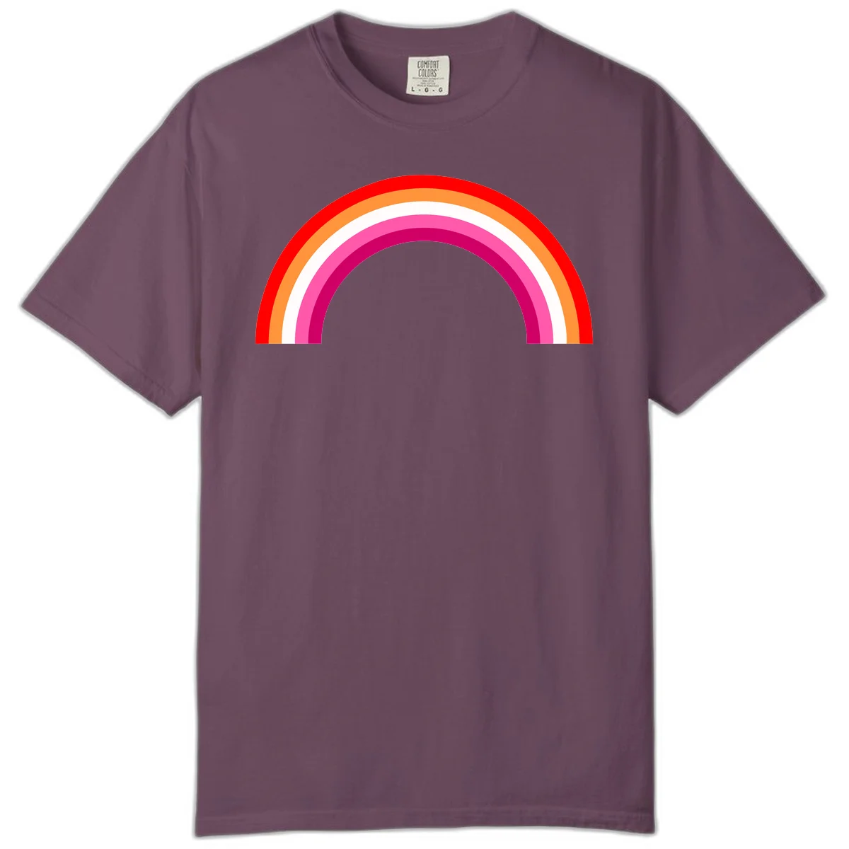 Colorful rainbow pride arc with concentric bands in red, orange, white, pink, and magenta against gray background in Berry