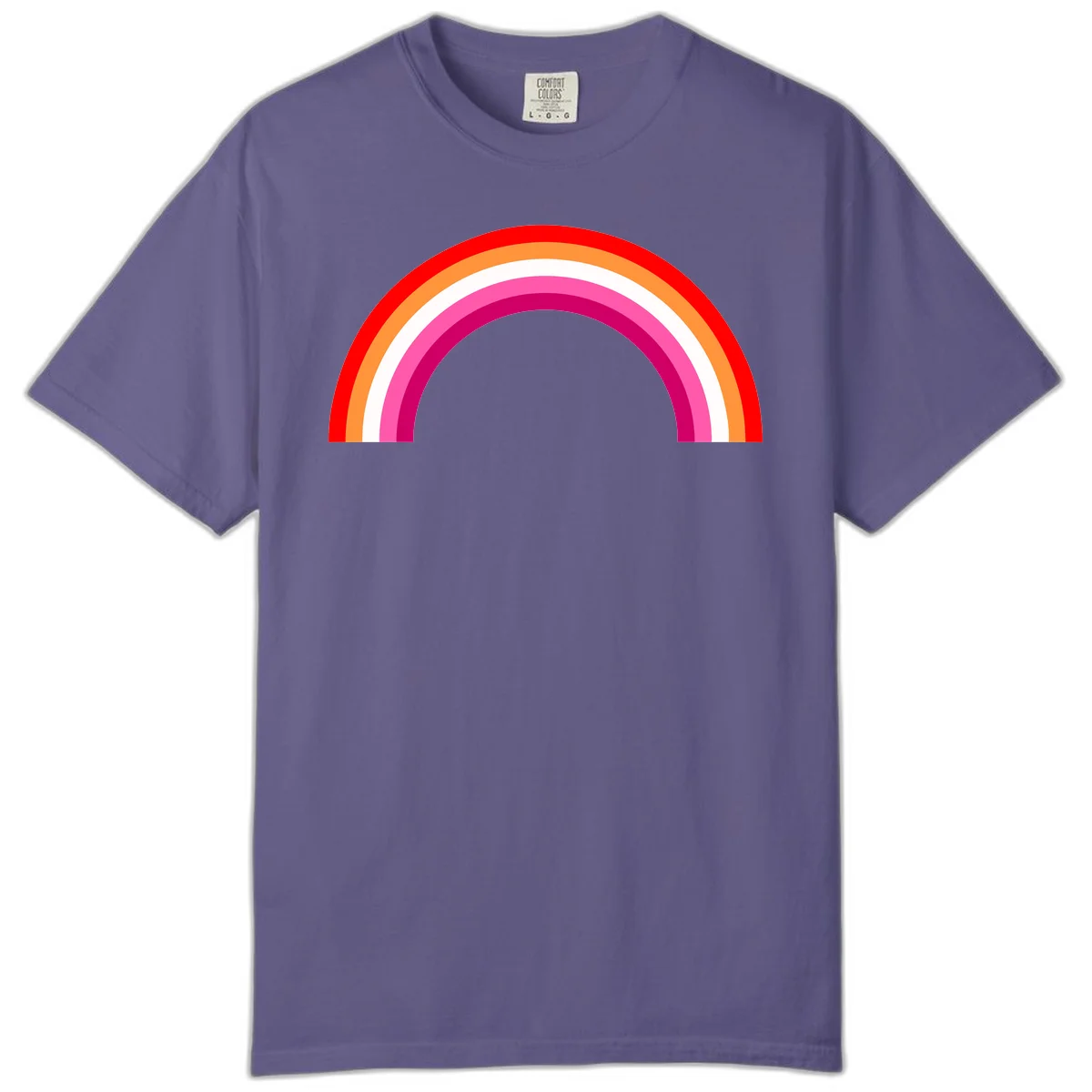 Colorful rainbow pride arc with concentric bands in red, orange, white, pink, and magenta against gray background in Grape