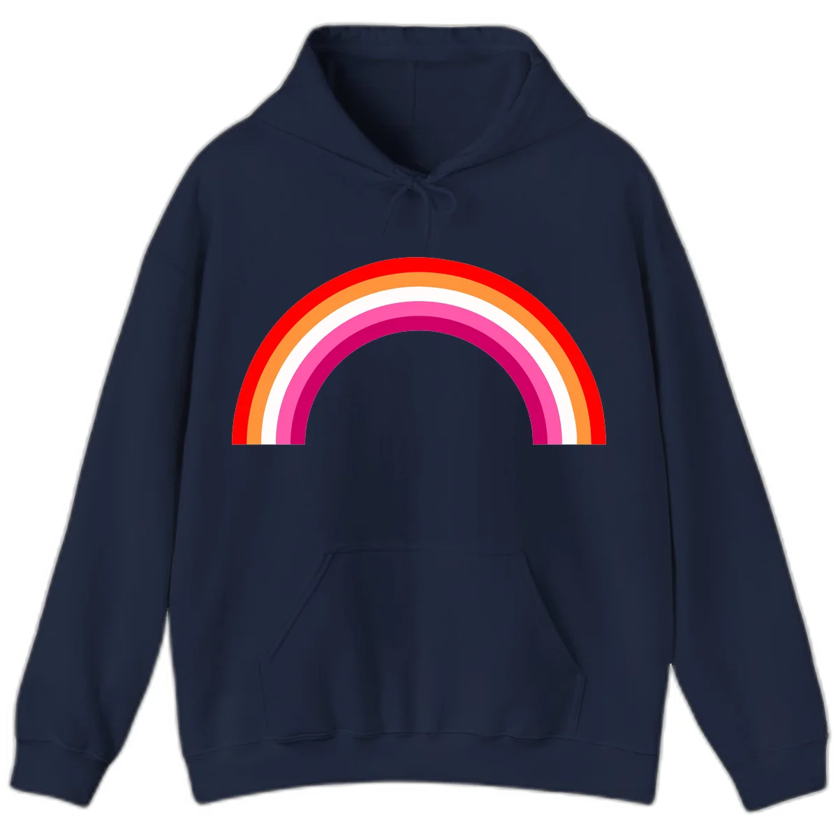 Colorful rainbow pride arc with concentric bands in red, orange, white, pink, and magenta against gray background in Navy